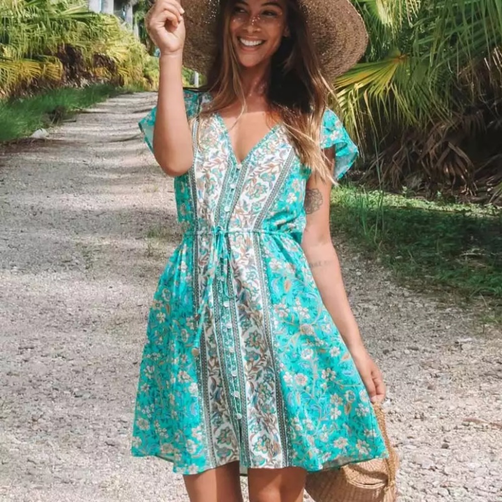 Turquoise Boho Floral Button Front Casual Dress - Picture 1 of 6